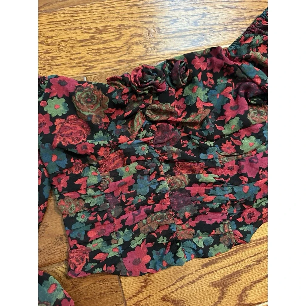 Free People Floral Off Shoulder Crop Top S 3D Rosette Ruched Long Sleeve